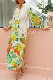 Summer Party Floral Print Balloon Sleeve Pocketed Belt Shirt Midi Dress