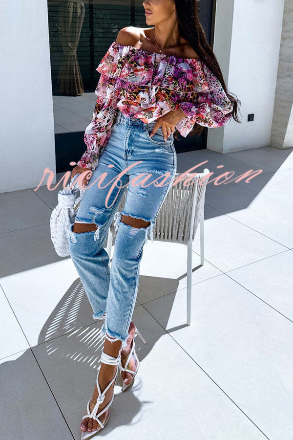 Colorful Botanical Print Sexy Off-shoulder Ruffle Top