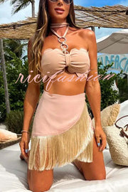 Solid Color Halter Neck Tassel Skirt Stretch Two-piece Bikini Swimsuit