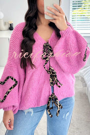 Fashionable Loose Long-sleeved Leopard Print Lace-up Knitted Sweater Cardigan