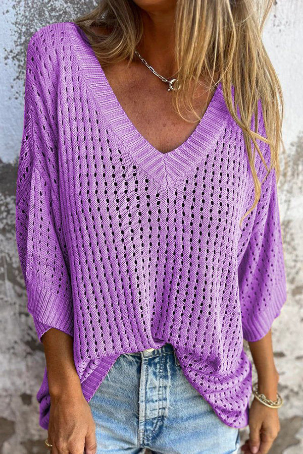 Fashionable Hollow V-neck Long-sleeved Casual Loose Knitted Top