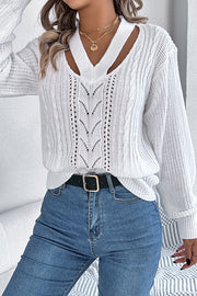 Casual Hollow V-neck Long-sleeved Knitted Sweater