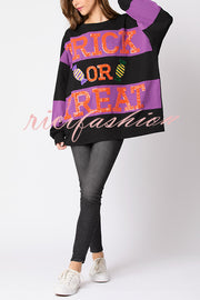 Halloween Letter Sequined Color Block Loose Casual Sweatshirt