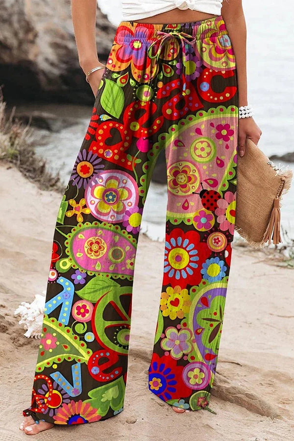 Colorful Printed Elastic Waist Drawstring Pocket Casual Pants