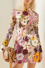 Elegantly Enchanted Floral Applique Backless Long Sleeve Mini Dress