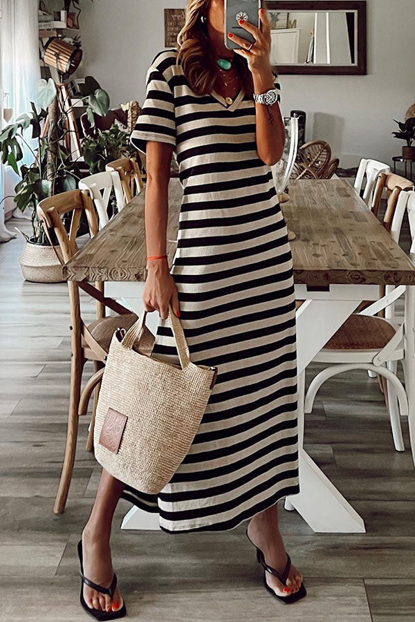 Brilliant Basics Stripe V Neck Casual Midi Dress