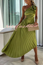 Romantic Nights Satin Raised Flower Elastic Cutout One Shoulder Pleated Maxi Dress