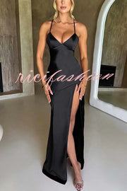 Satin Solid Color Sexy Backless Lace Up High Slit Maxi Dress