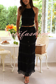 Feel Chic and Romantic Sequin Textured Material Drawstring Waist Tiered Maxi Skirt