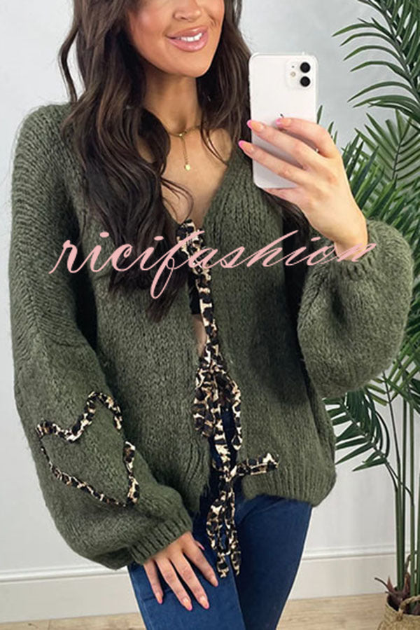 Fashionable Loose Long-sleeved Leopard Print Lace-up Knitted Sweater Cardigan