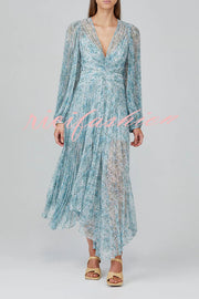 Dreamy Seaside Floral Balloon Sleeve Pleated Lightweight Maxi Dress