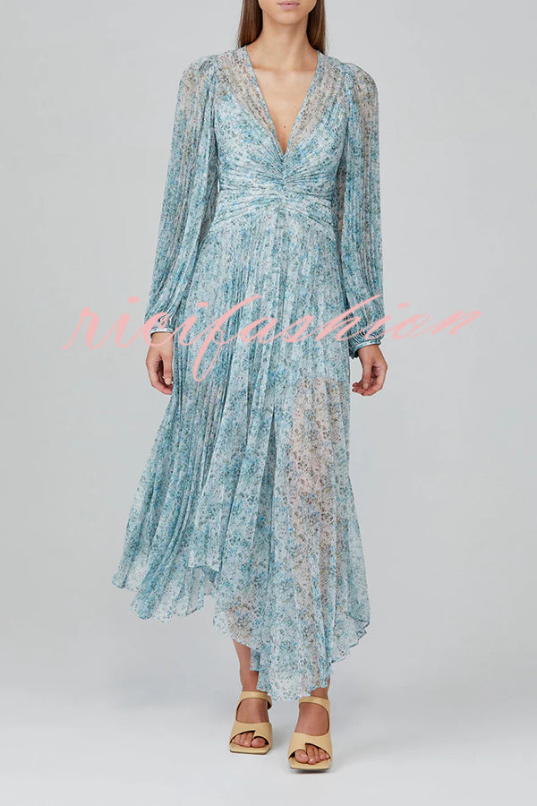 Dreamy Seaside Floral Balloon Sleeve Pleated Lightweight Maxi Dress