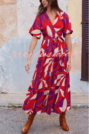 Unique Printed Waist Lace Up Slit Maxi Dress