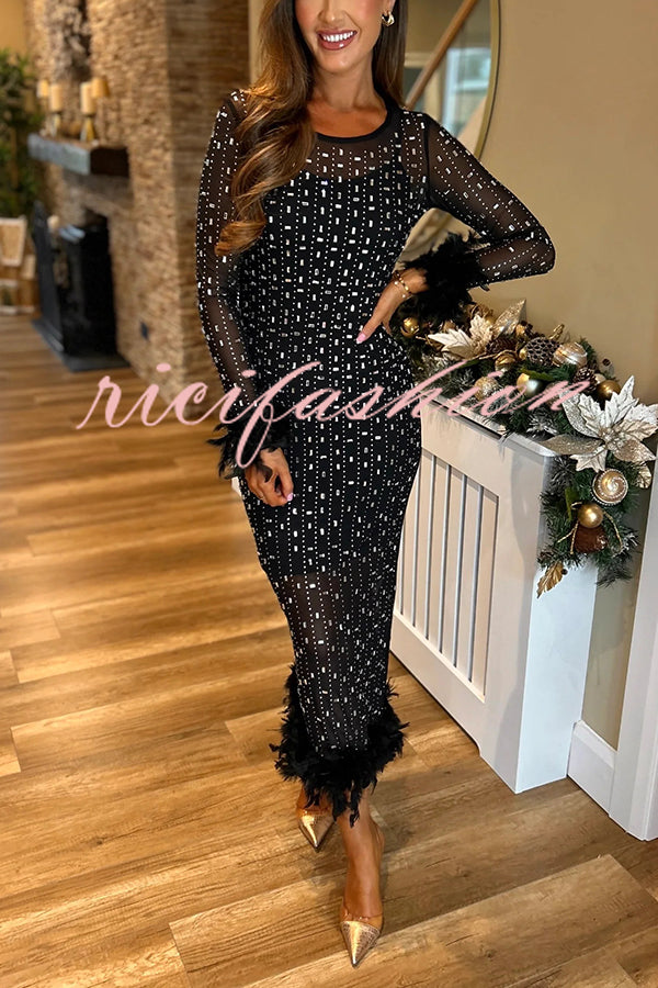 Sexy Long Sleeve Round Neck Feather Edge Rhinestone Decoration Slim Fit Maxi Dress