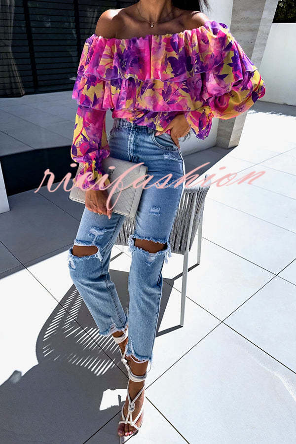 Colorful Botanical Print Sexy Off-shoulder Ruffle Top