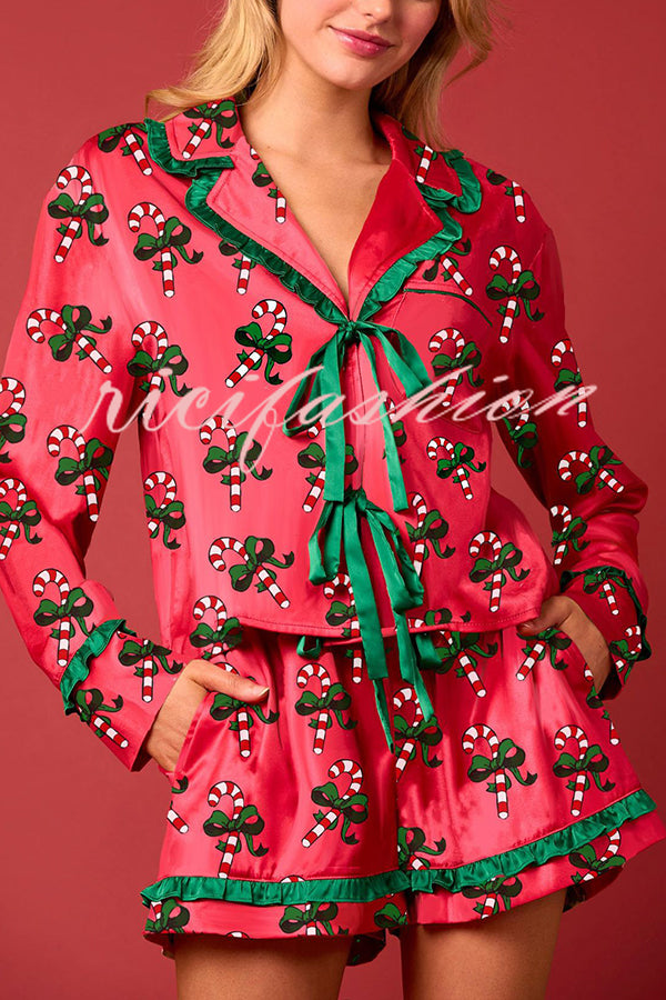 Christmas Holiday Print Bow Tie Long Sleeve and Elastic Waist Loose Shorts Set