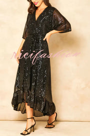 Solid Color Sequined V-neck Waist Tie Loose Maxi Dress