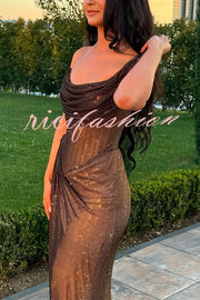 Glitzy Gala Glitter Fabric One Shoulder Ruched Slit Maxi Dress