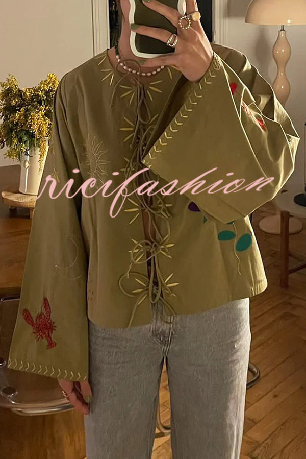 Fashionable Embroidered Lace-up Long-sleeved Loose Top