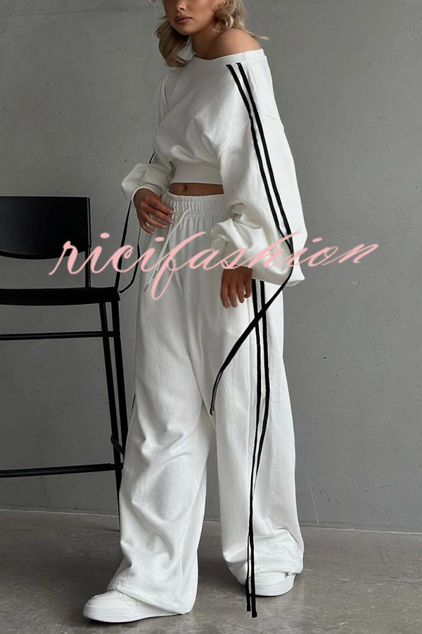 Contrast Color Webbing Casual Sweatshirt and Elastic Waist Tie Loose Pants Set