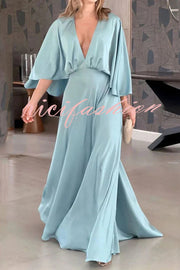 Solid Color V Neck High Waist Slit Casual Maxi Dress