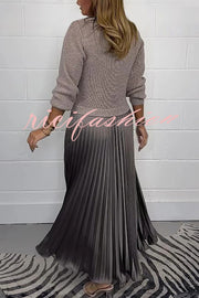 Stylish Knitted Round Neck Long Sleeve Patchwork Pleated Hem Maxi Dress