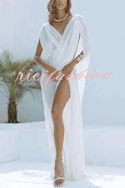 Enjoy Your Vacation Linen Blend Ruched Shoulder Drape Loose Cover Up Maxi Dress