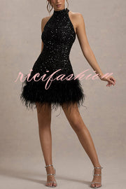 Dazzling and Playful Sequin High Neck Feather Trim Stretch Mini Dress