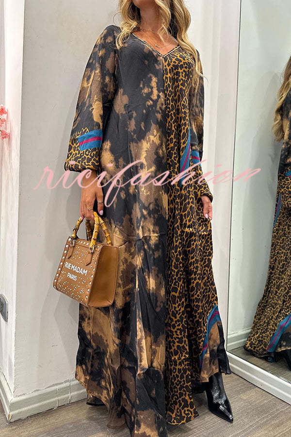 Touch of Fall Tie-dye Leopard Colorblock A-line Swing Maxi Dress