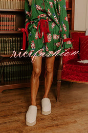 Christmas Dreaming Satin Nutcrackers Print Velvet Trim Elastic Waist Pocketed Pajama Shorts Set