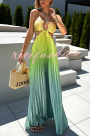 Get Ready Beautiful Gradient Print Cutout Halterneck Pleated Maxi Dress