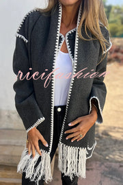 Stylish Loose Pocket Long Sleeve Coat and Warm Fringed Scarf