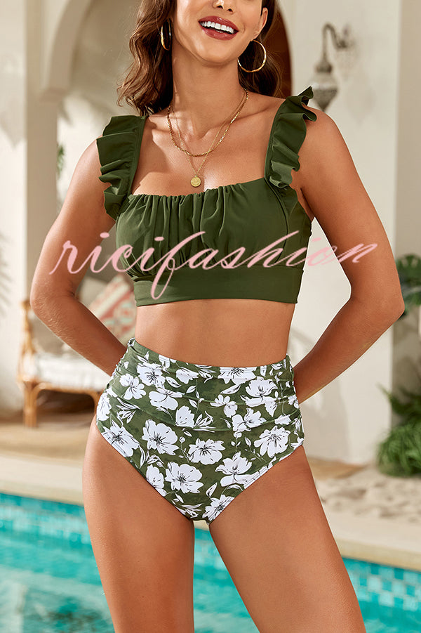 Botanical Print Ruffled Two-piece Stretch Bikini Swimsuit