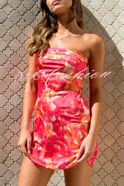 Dreamworld Satin Floral Print Sexy Strapless Backless Mini Dress