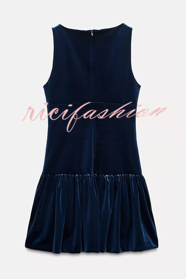 Solid Velvet Bow Embellished Sleeveless Mini Dress