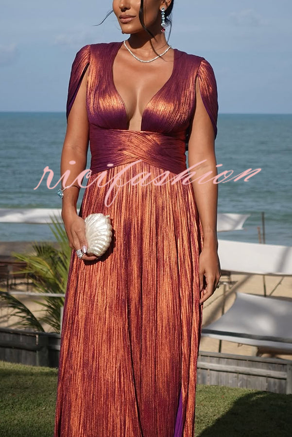 Dreamy Destiny Metallic Fabric Cape Sleeve Back Tie-up Maxi Dress