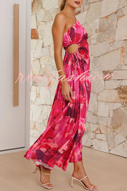 Laken Floral Print One Shoulder Adjustable Tie Cutout Pleated Maxi Dress