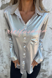 Holiday Look Solid Metallic Loose Pocket Button-down Blouse