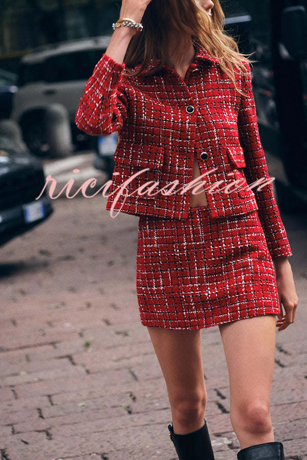 Tweed Plaid Textured Long-sleeved Casual Pocket Jacket