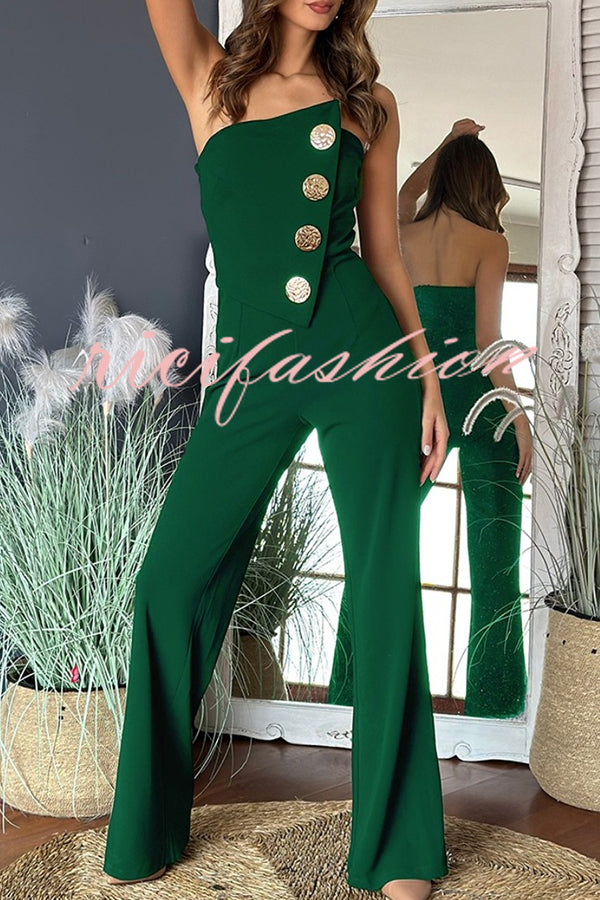 Solid Color Sexy Tube Top Gold Button Embellished Bootcut Jumpsuit