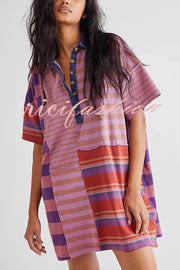 Contrast Striped Patchwork Denim Lapel Loose Casual Mini Dress