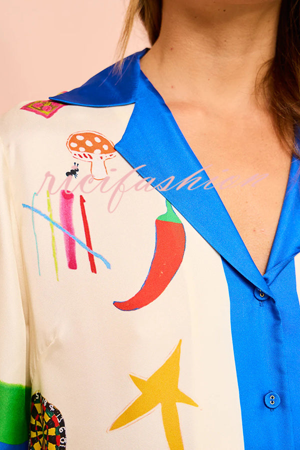 Vibrant Beach Satin Unique Print Colorblock Trim Button Down Oversized Blouse