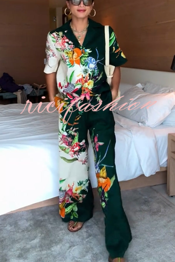 Island Linen Blend Unique Print Short Sleeve Loose Shirt and Elastic Waist Pocket Pants Set