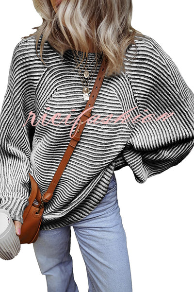 Knitted Striped Round Neck Dolman Sleeve Casual Loose Sweater