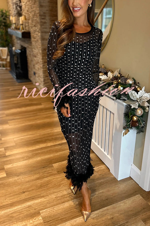 Sexy Long Sleeve Round Neck Feather Edge Rhinestone Decoration Slim Fit Maxi Dress