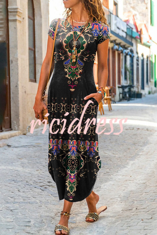 Ada Ethnic Floral Pocketed Daily /vacation Stretch Midi Dress