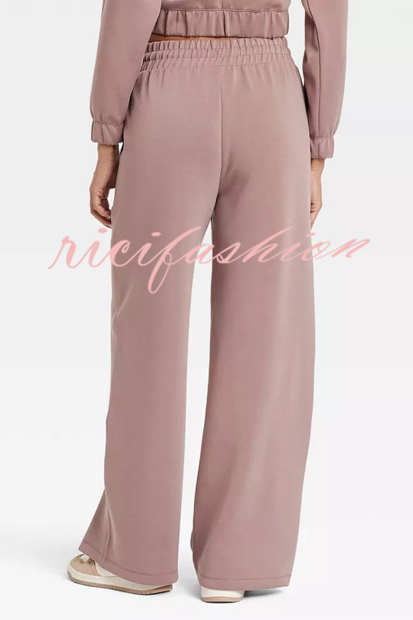 Airy Sleek Full Zip Jacket and High Rise Elastic Waist Pocket Wide Leg Sweatpants Set