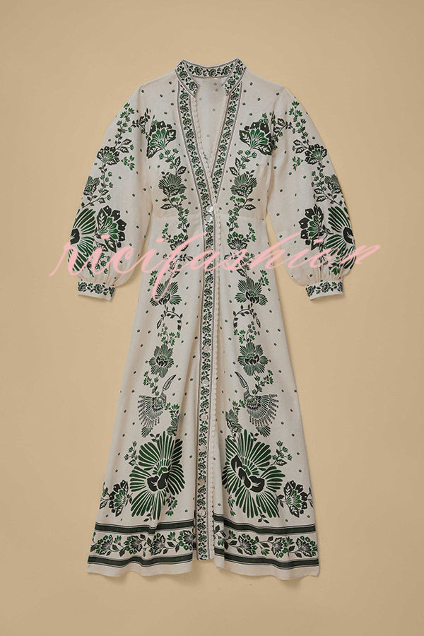 Forest Soul Unique Print Button Down Long Sleeve Shirt Maxi Dress