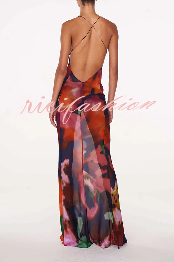 Rosalinda Abstract Floral Print Lace Patchwork Back Lace-up Maxi Dress