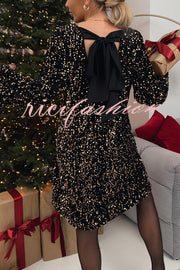 Velvet Sequin Back Bow Bell Sleeves Loose Mini Dress